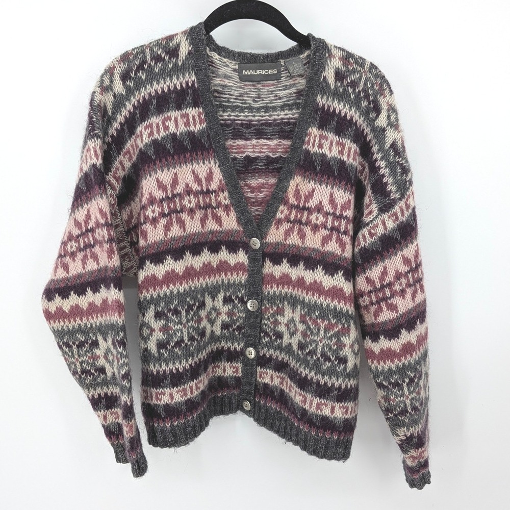 Maurices Cardigan Women Large Gray Pink Fair Isle Mohair Blend V-Neck Vintage